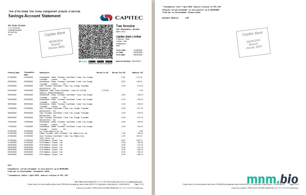 South Africa Capitec wyciąg z konta bankowego Word i szablon PDF, 2 strony